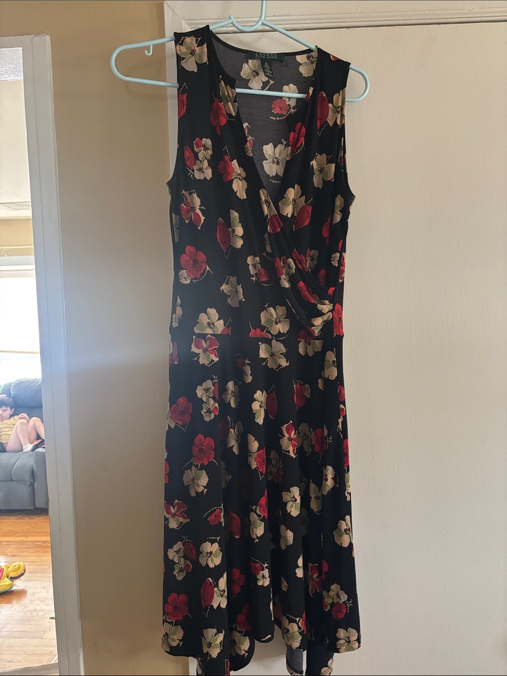 Lauren Ralph Lauren Black Floral Wrap Dress with Red and Cream Blooms